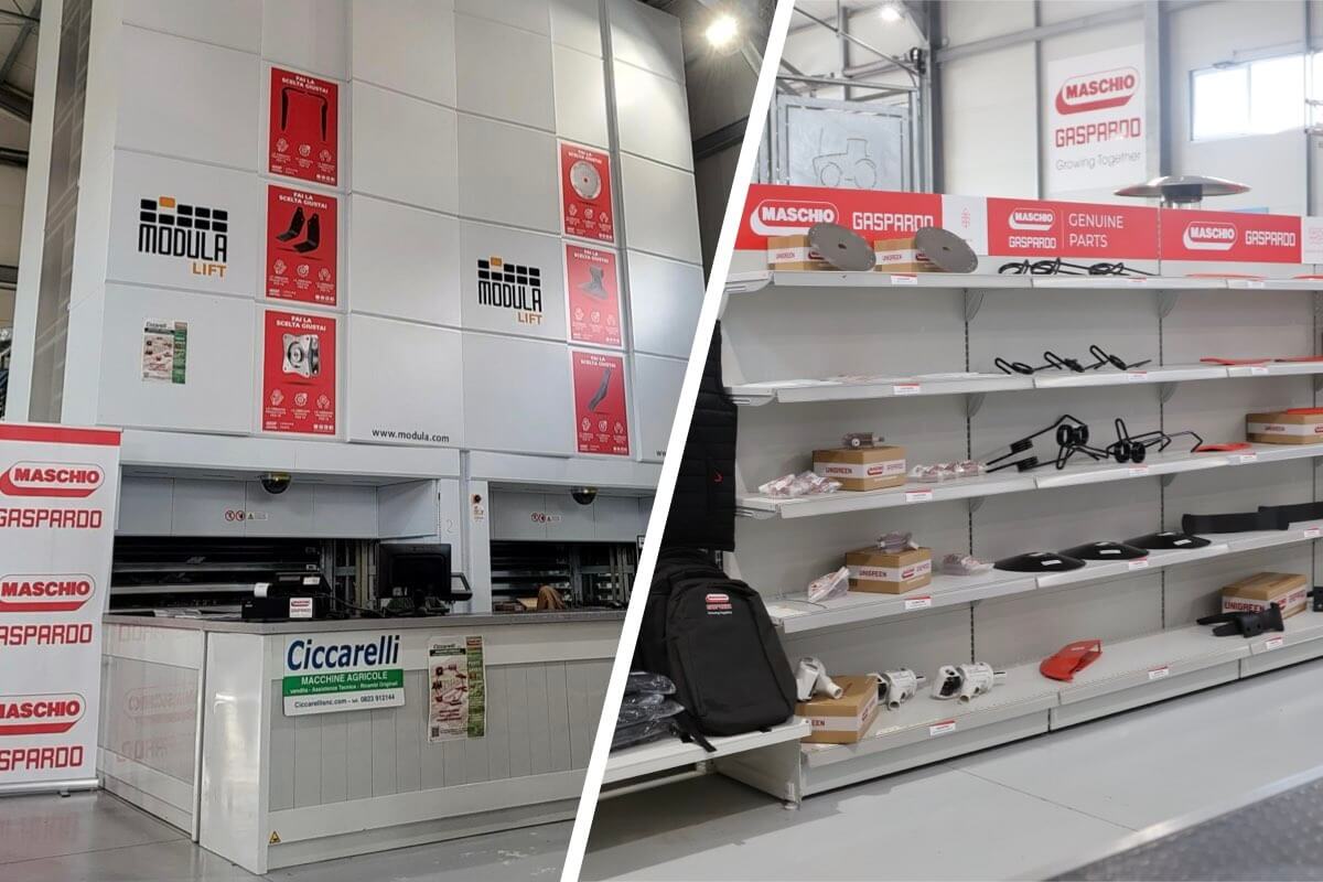 All'interno dello showroom, da sinistra, il magazzino ricambi automatizzato e i ricambi originali Maschio Gaspardo